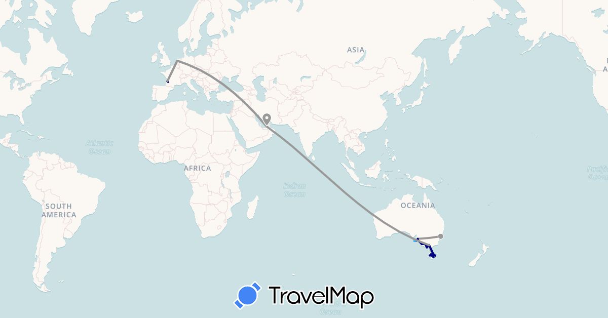TravelMap itinerary: driving, plane, boat in United Arab Emirates, Australia, France, Netherlands (Asia, Europe, Oceania)